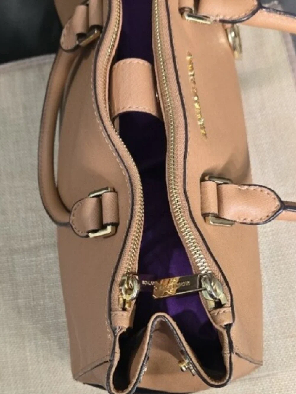 SALE! Michael Kors Beige and Black Leather Satchel with Gold MK Charm